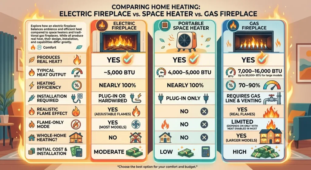 Electric Fireplace vs. Space Heater vs. Gas Fireplace.
