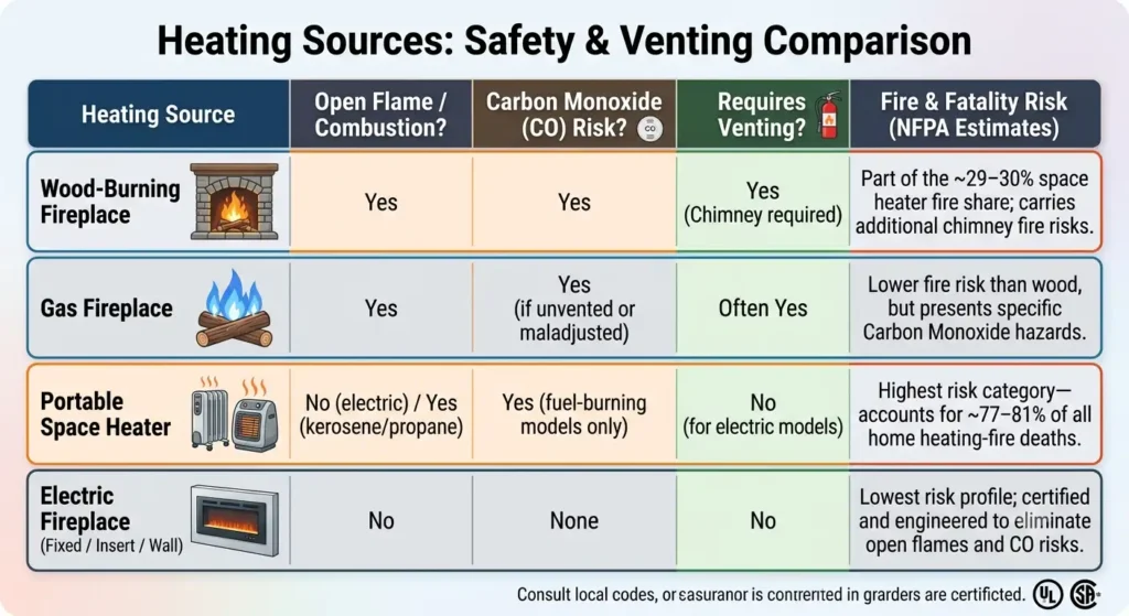 Are Electric Fireplaces safe? Heating Sources Safety & Venting Comparison