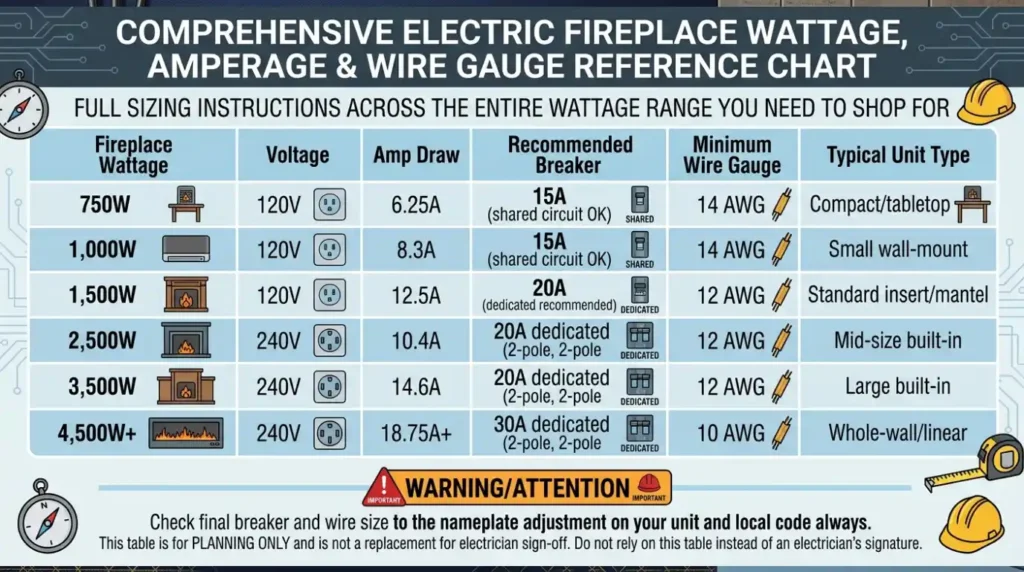 Electric Fireplace Code Requirements? 7 Essential Costly Mistakes 5 3. Wattage, Amperage & wire Gauge Reference Chart.
