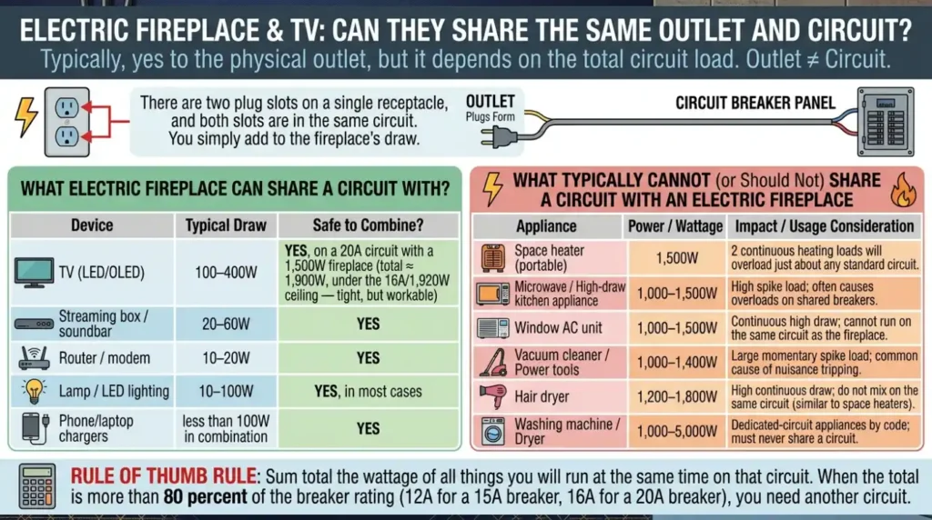 Electric Fireplace Code Requirements? 7 Essential Costly Mistakes 6 4. Is it possible to have an electric fireplace and TV on the same power outlet?