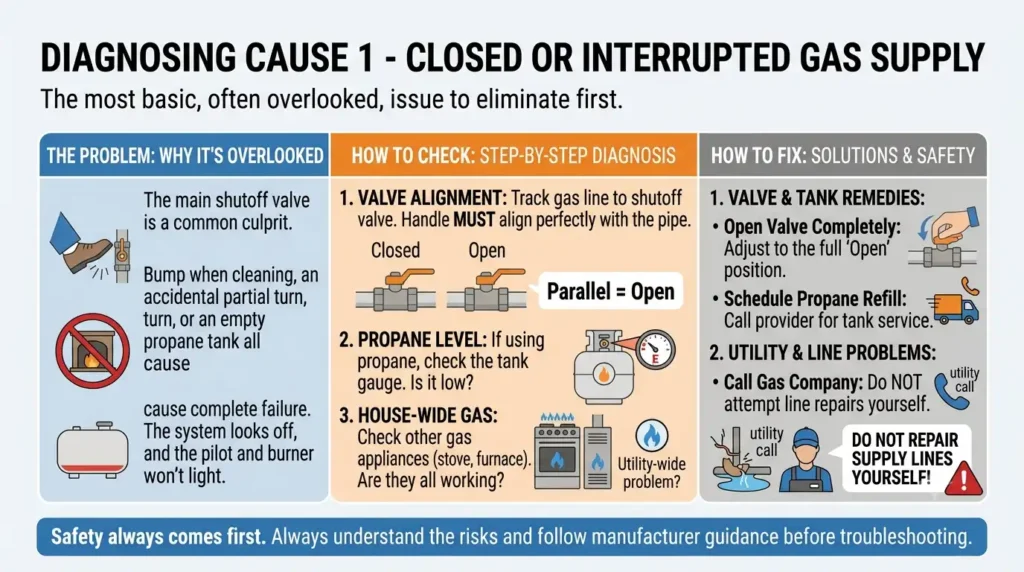 Why Gas Fireplace Wont Light? Causes & Fixes Explained 3 Cause 1 - Closed or Interrupted Gas Supply.