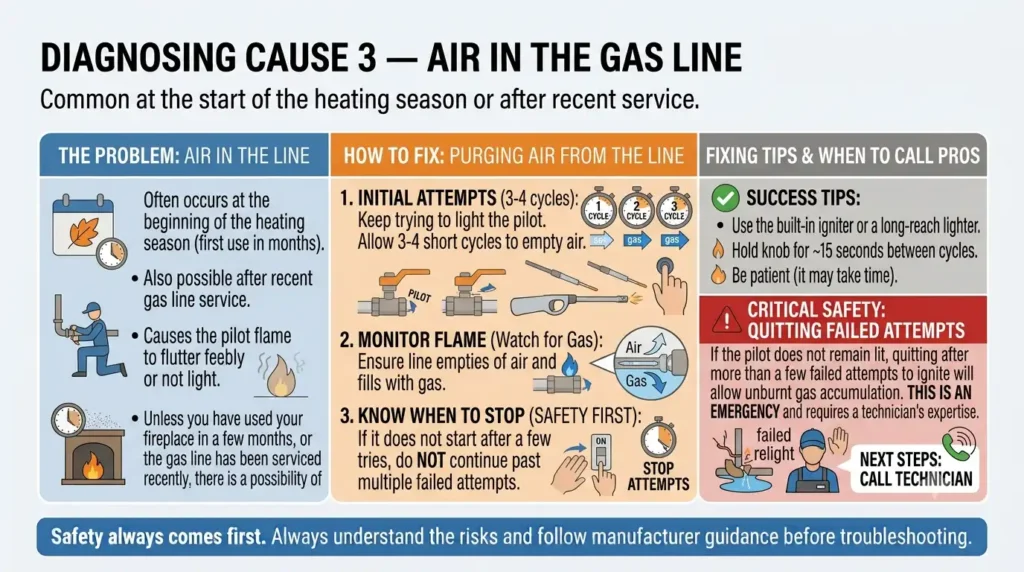 Why Gas Fireplace Wont Light? Causes & Fixes Explained 5 Cause 3 — Air in the Gas Line