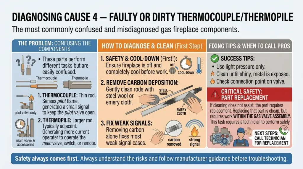 Why Gas Fireplace Wont Light? Causes & Fixes Explained 6 Cause 4 — Faulty or Dirty ThermocoupleThermopile