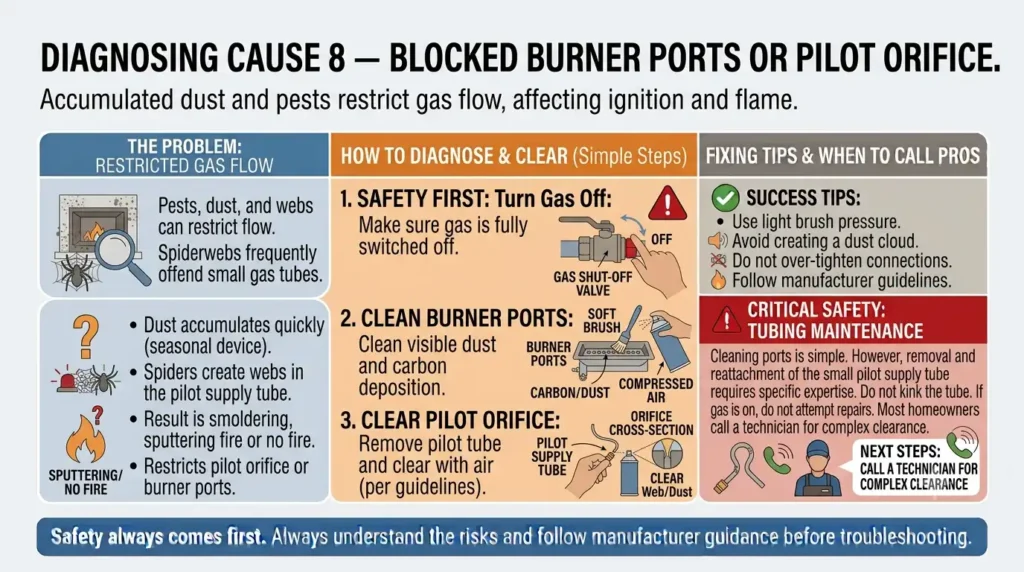 Why Gas Fireplace Wont Light? Causes & Fixes Explained 10 Cause 8 — Blocked Burner Ports or Pilot Orifice