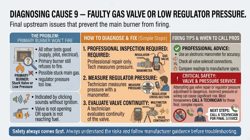 Why Gas Fireplace Wont Light? Causes & Fixes Explained 11 Cause 9 — Faulty Gas Valve or Low Regulator Pressure