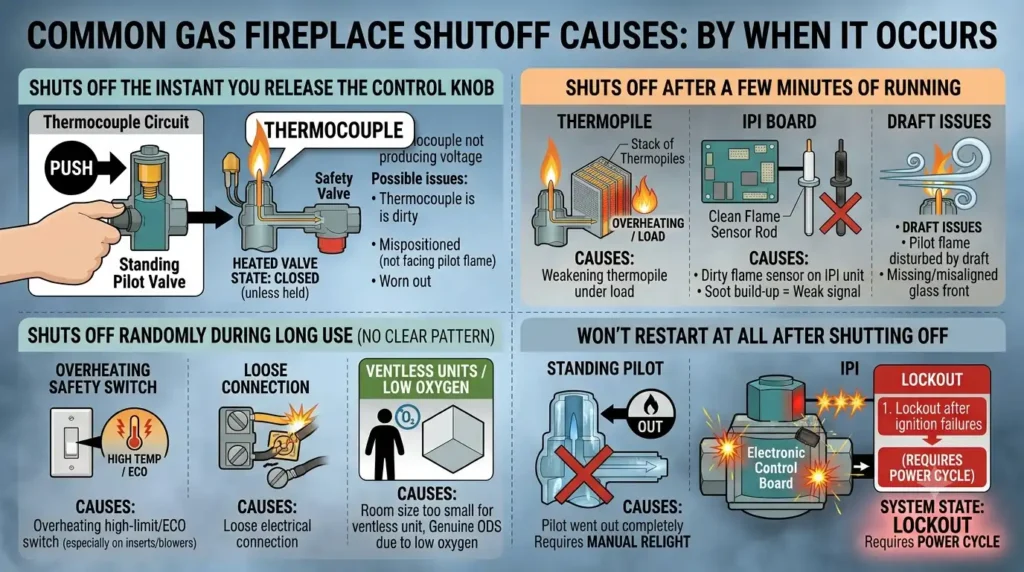 Why Gas Fireplace Shuts off by Itself? All Explanation 2 Why Gas Fireplace Shuts off by Itself? Common Causes, organized by When It Shuts Off