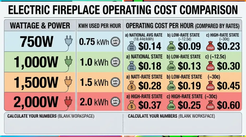 Will an Electric Fireplace Save Me Money? 7 Ways for Savings 4 Cost per hour, by wattage (at the national average rate)