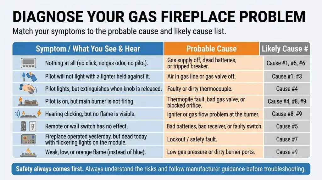 Why Gas Fireplace Wont Light? Causes & Fixes Explained 2 Diagnose the Problem by Your Symptom