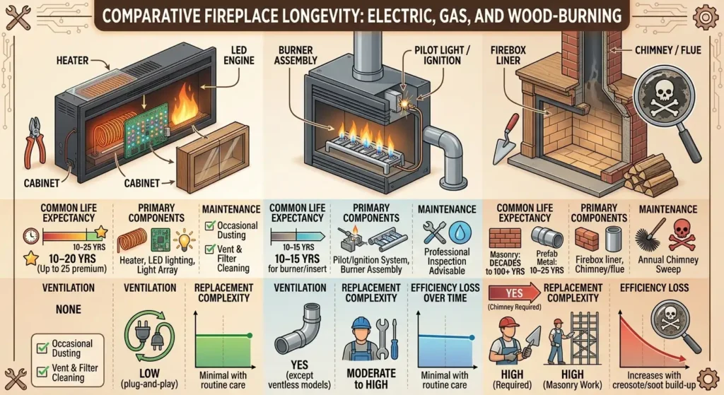 Electric Fireplace Lifespan vs. Gas and Wood-Burning Fireplaces