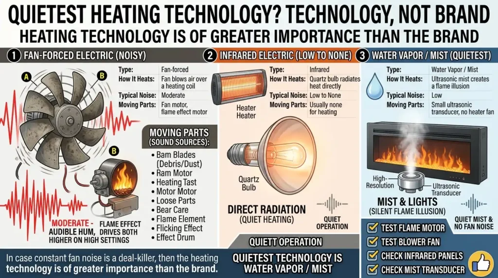 Electric Fireplace Too Loud? 8 Effective Causes & Fixes 8 Fan-Forced vs. Infrared vs. Water Vapor: Which Is Quietest?