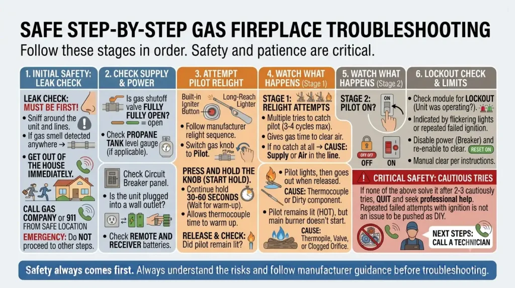 Why Gas Fireplace Wont Light? Causes & Fixes Explained 12 Here is the step-by-step process to safely troubleshoot a gas fireplace.
