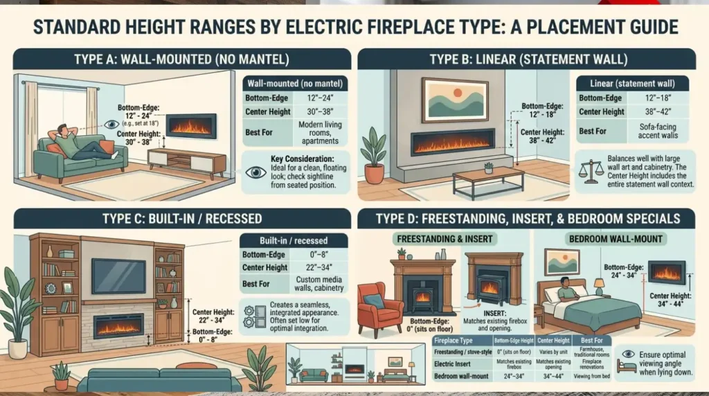 Standard Height Ranges by Fireplace Type