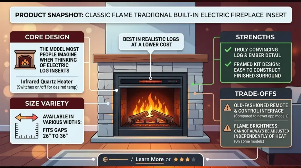 1. Classic Flame Traditional Built-In Electric Fireplace Insert