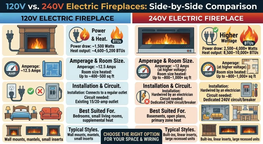 Are There 240V Electric Fireplaces? Powerful Heat Options 3 120V vs. 240V Electric Fireplaces Side-by-Side Comparison