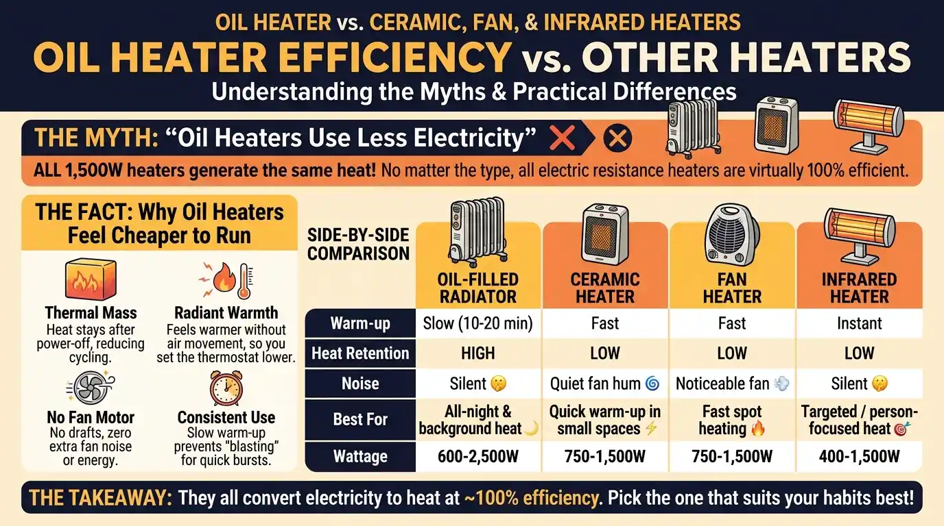 Oil Heater Efficiency vs. Ceramic, Fan, and Infrared Heaters
