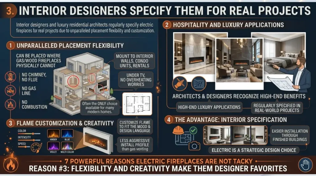 7 Powerful Reasons Electric Fireplaces Aren’t Tacky 5 3.Interior Designers Specify Them for Real Projects