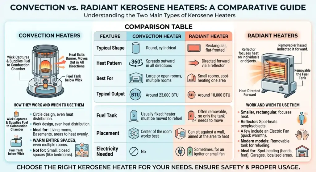Convection vs. Radiant Kerosene Heaters (Comparison Table)