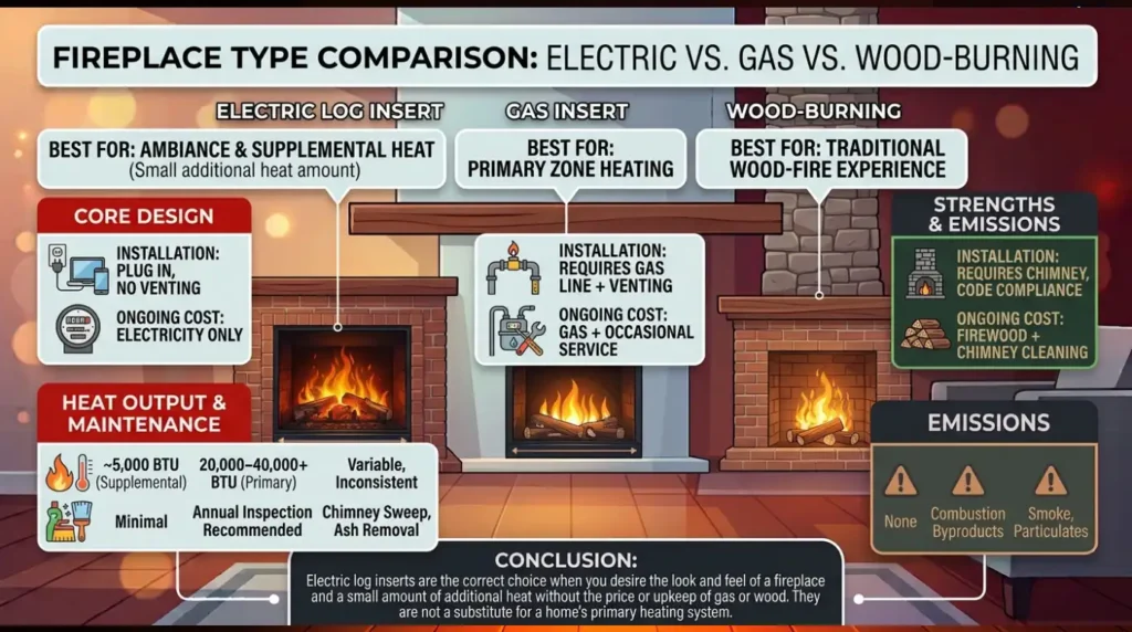 Electric Log Insert vs. Gas Insert vs. Wood-Burning Fireplace