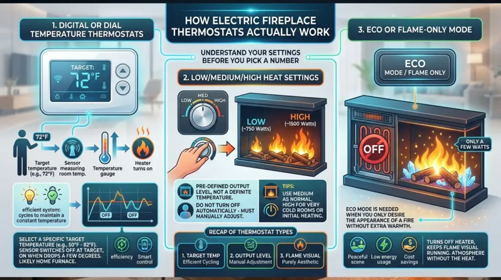 Best Thermostat Setting for Electric Fireplace? 2 How Electric Fireplace Thermostats Actually Work?