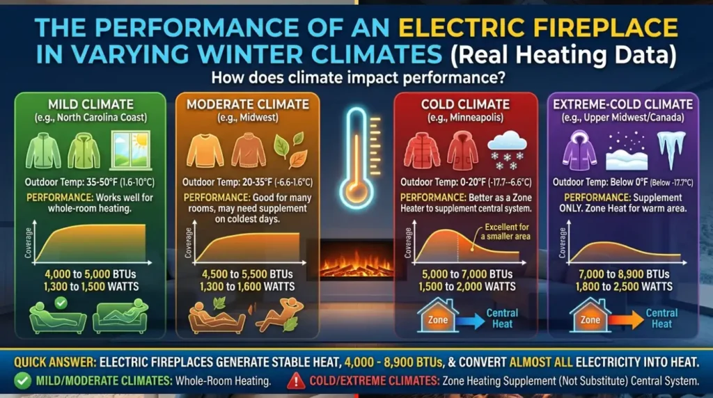 The Performance of an Electric Fireplace in varying winter climates (Real heating data)