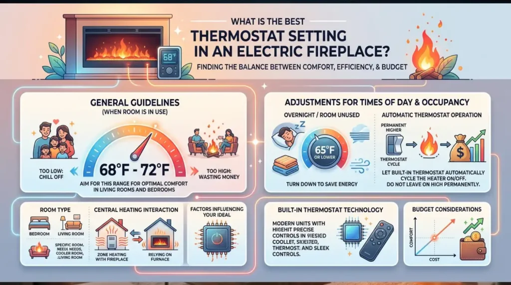Best Thermostat Setting for Electric Fireplace? 1 What is the best thermostat setting in an electric fireplace (Depending on Room, Season and Budget)?