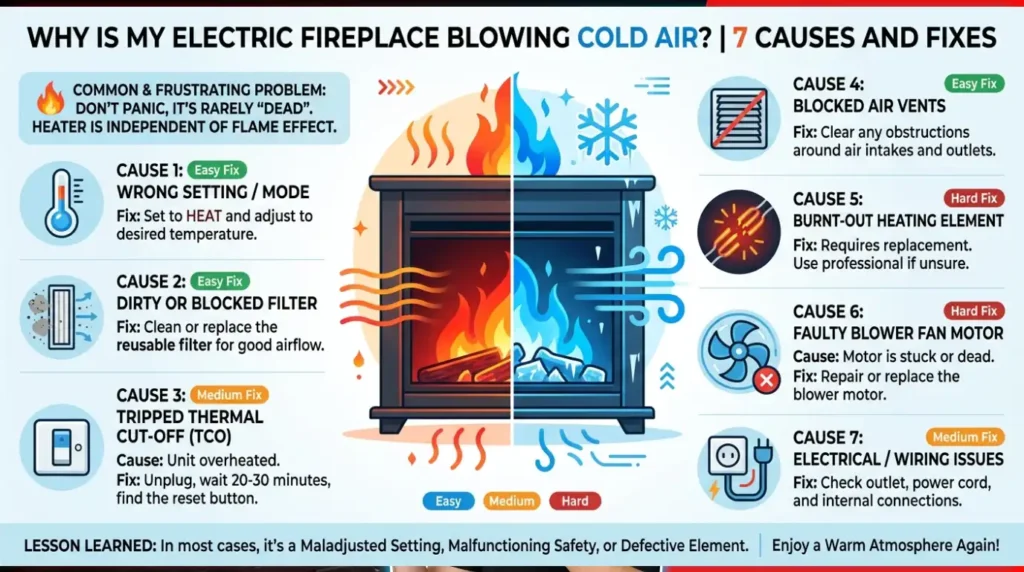 Why Is my electric fireplace blowing cold air? 7 Causes and Fixes