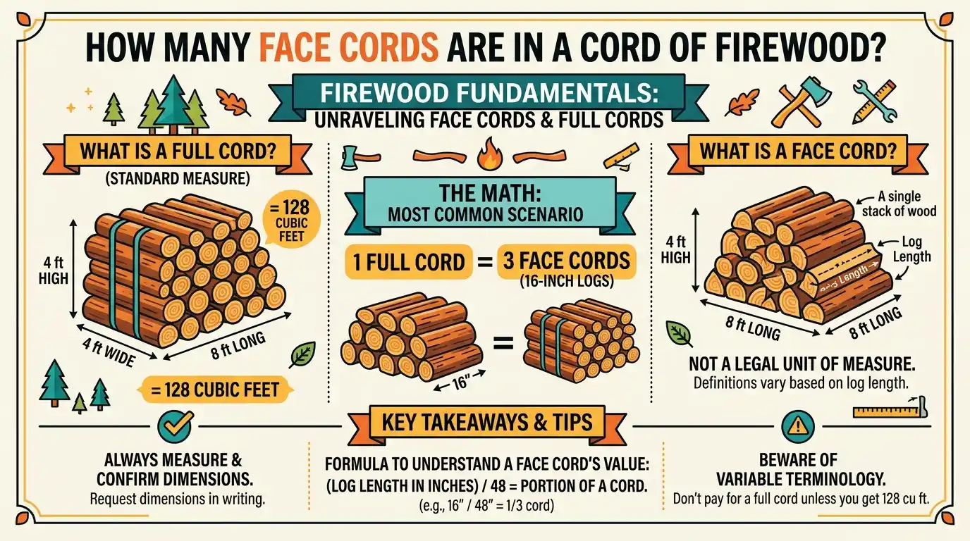 How Many Face Cords Are in a Cord of Firewood? Explained 1 How Many Face Cords Are in a Cord of Firewood? The Math Behind What You're Really Buying