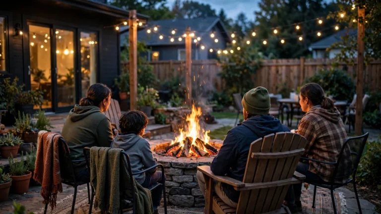 Backyard fire pit glowing at dusk with seating arranged around it