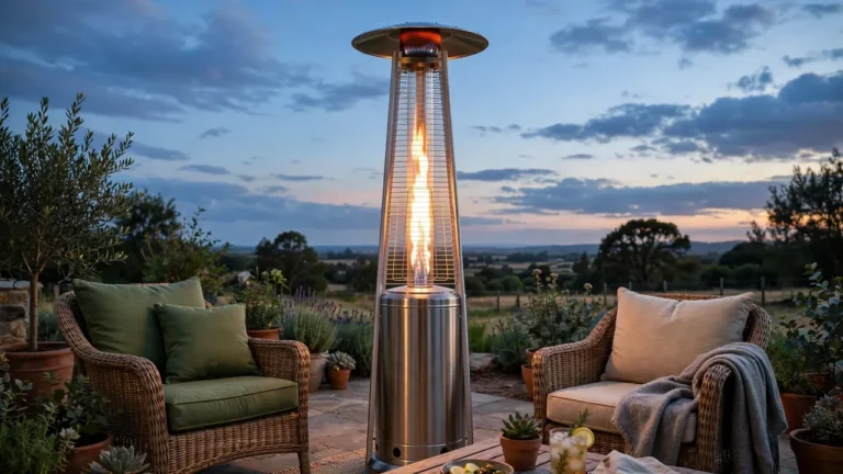 Propane patio heater glowing on an outdoor patio at dusk
