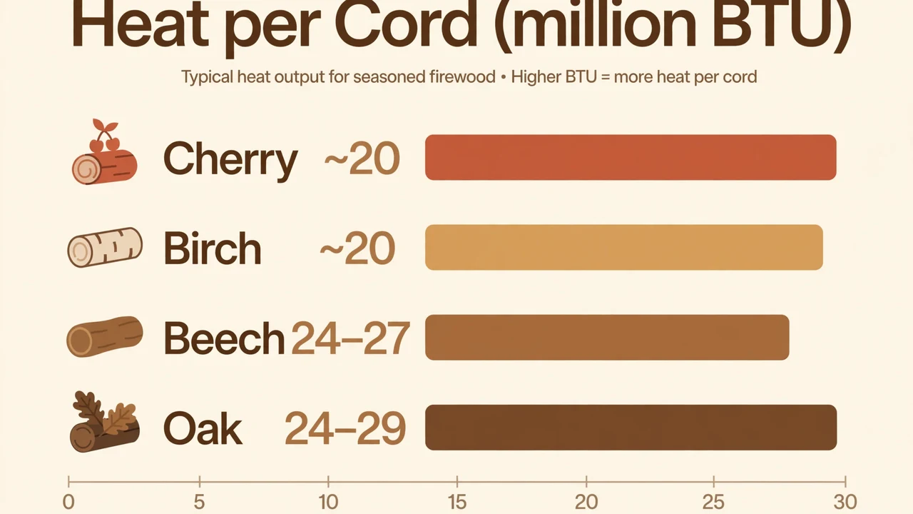 Infographic comparing cherry firewood heat output per cord to birch, beech, and oak