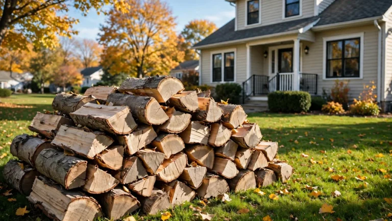 Seasoned elm firewood stacked beside a home, ready for the burning season