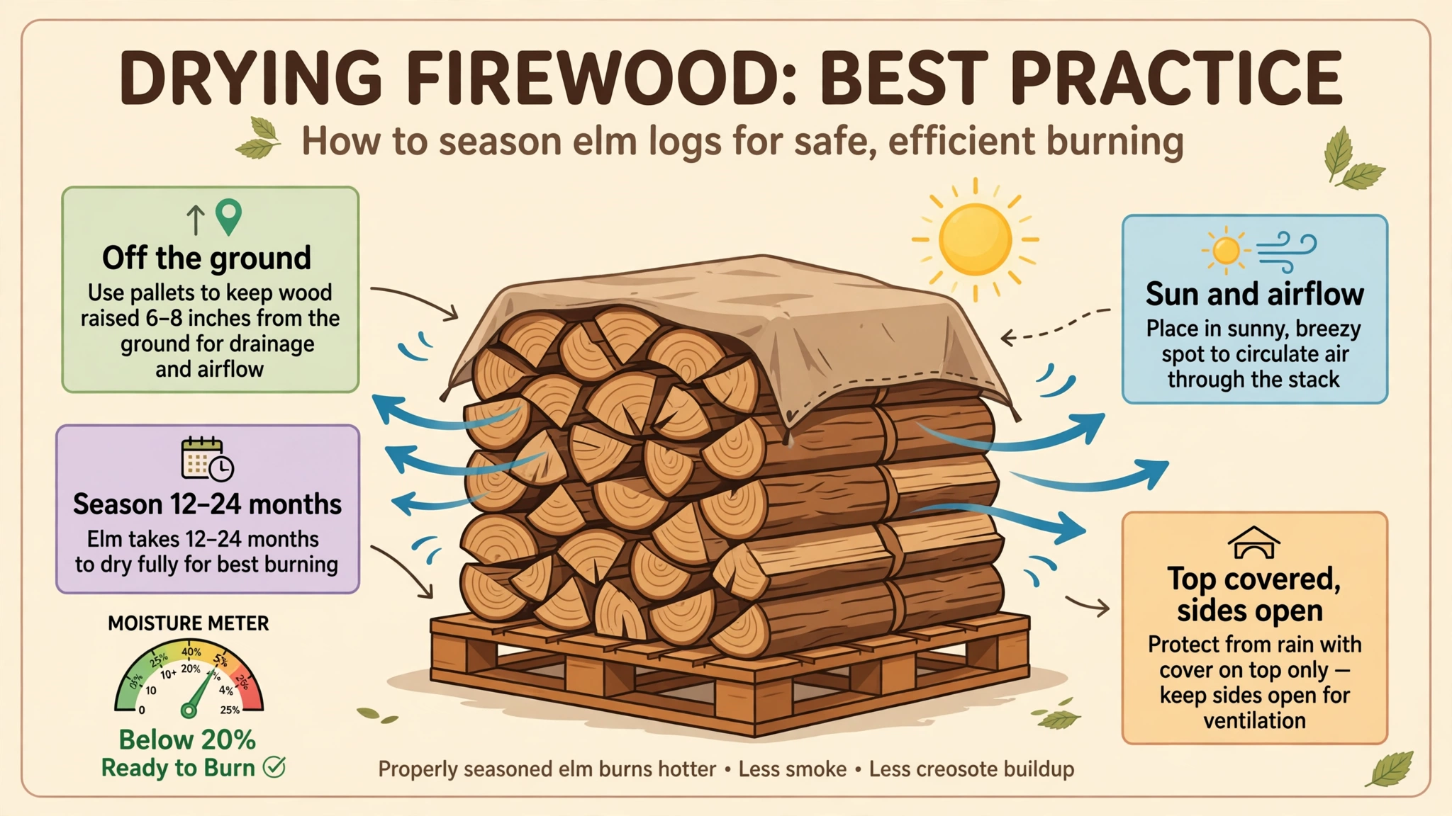 Elm Firewood: Burning Guide for Heat & Splitting 2 Stacked elm firewood drying in sun and airflow, seasoning to below 20 percent moisture