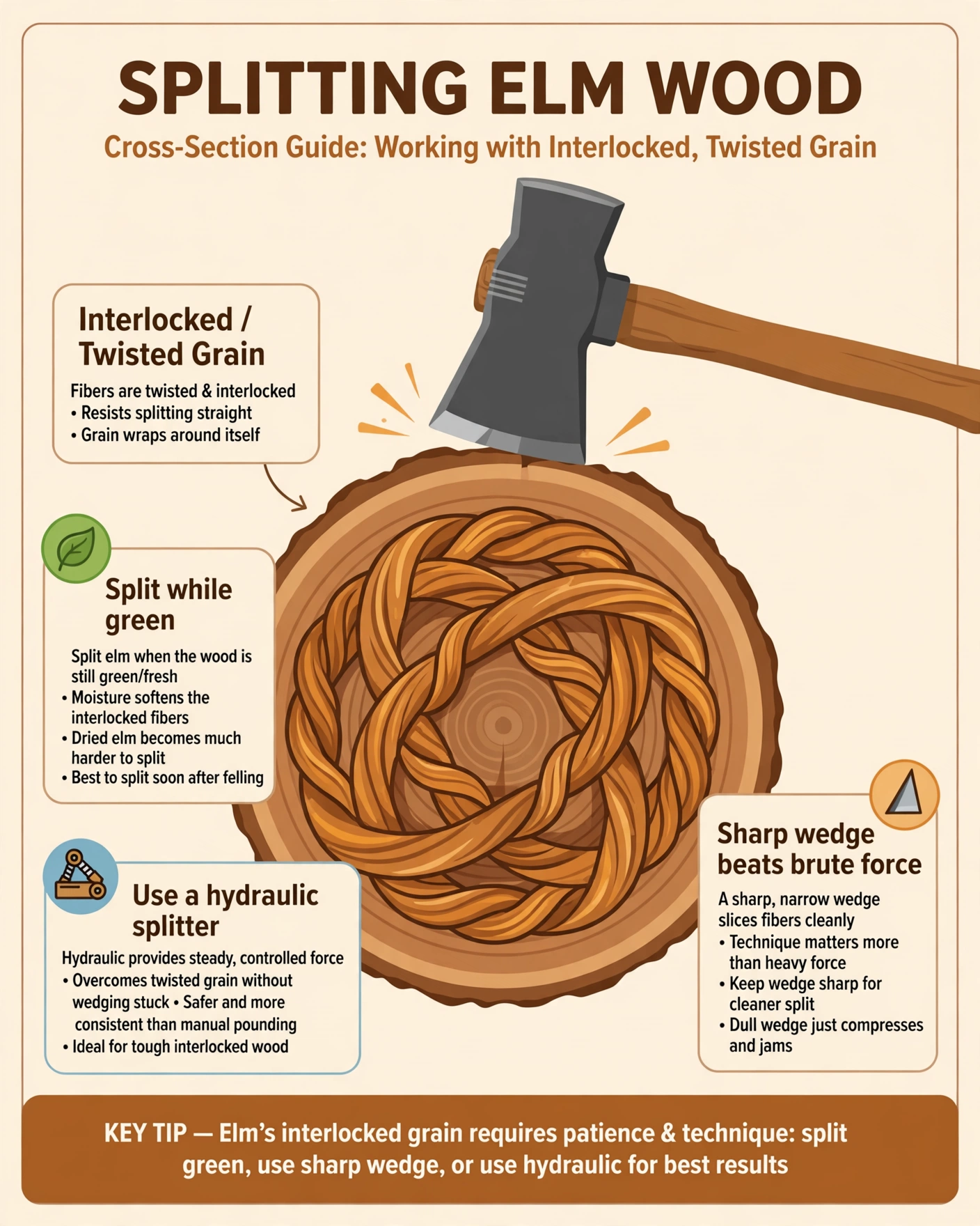 Elm Firewood: Burning Guide for Heat & Splitting 1 Diagram showing elm firewood's interlocked grain and why elm is hard to split