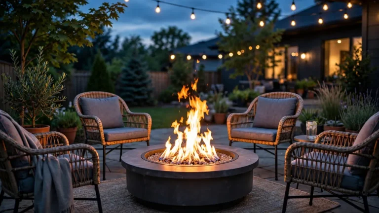 Gas fire pit with flames burning on a patio at dusk