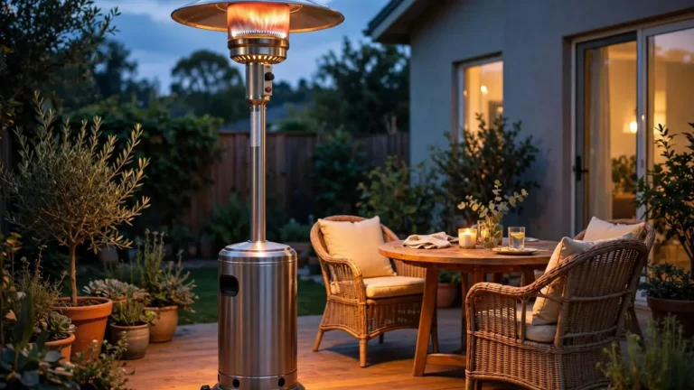 What Size Patio Heater Do I Need? BTU Guide 8 A tall glowing propane patio heater sized for an outdoor patio at dusk — sizing and BTU guide for patio heaters