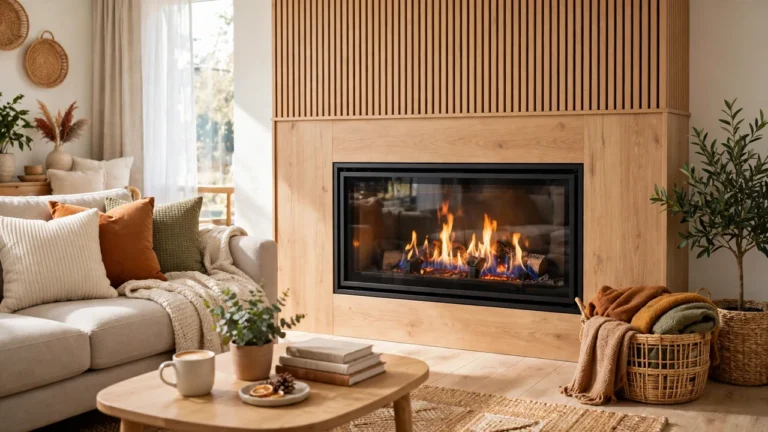 Modern direct vent gas fireplace with sealed glass front and realistic flames in a bright living room