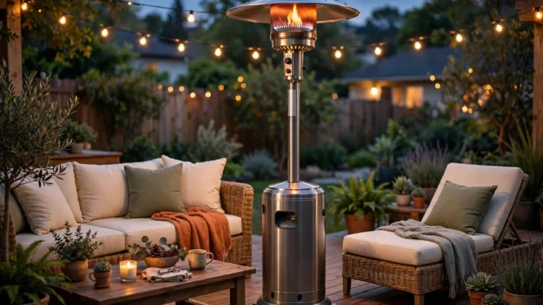 Propane patio heater glowing on a backyard deck at dusk — steady heat after fixing a patio heater that won't stay lit