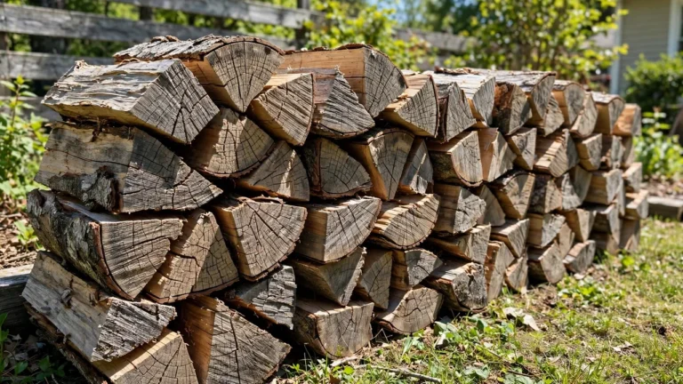 Stacked seasoned firewood with cracked, weathered ends ready for burning