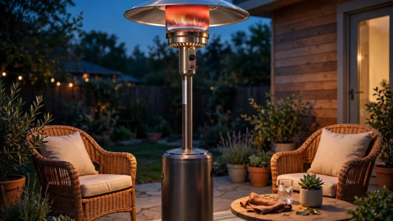 A lit propane patio heater glowing on a backyard patio at dusk, showing how a patio heater works outdoors