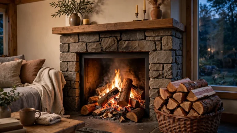 Stacked cherry firewood logs with reddish-brown bark beside a burning fireplace.