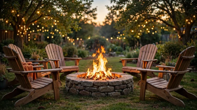 Outdoor stone fire pit with a roaring fire, surrounded by wooden chairs and string lights at dusk