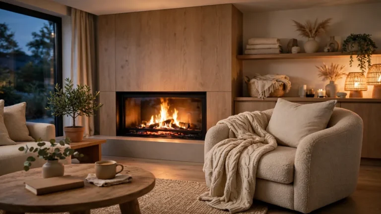 Cozy living room with a warm glowing fireplace for a gas vs electric fireplace comparison