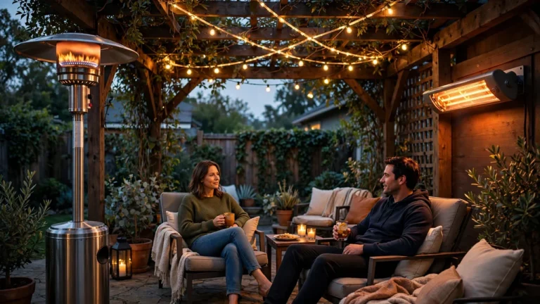 Cozy backyard patio at dusk with a propane mushroom patio heater and an electric infrared wall heater warming two guests