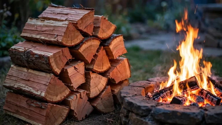 Stacked split cedar firewood beside a glowing backyard fire pit at dusk