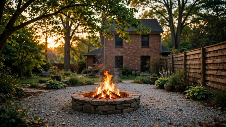 Backyard fire pit placed at a safe clearance distance from a house, trees, and fence at dusk
