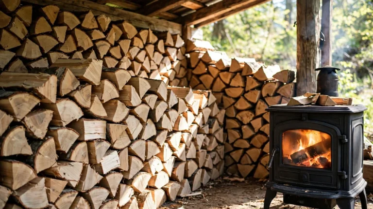 Seasoned beech firewood stacked beside a glowing wood stove in a cozy living room
