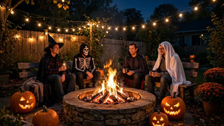 Costumed guests seated at a safe distance from a glowing backyard fire pit on Halloween night — Halloween fire pit safety party scene