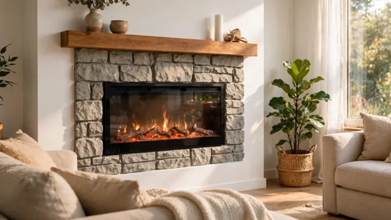 Installed electric fireplace with glowing flames set in a stone surround and wood mantel in a living room