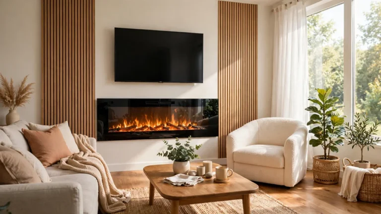 Are Electric Fireplaces Worth It? Honest Answer 14 Wall-mounted electric fireplace glowing in a bright modern living room — are electric fireplaces worth it for your home?