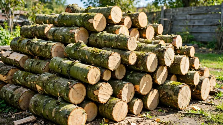 Fresh-cut green firewood logs stacked in a sunny backyard woodpile before seasoning